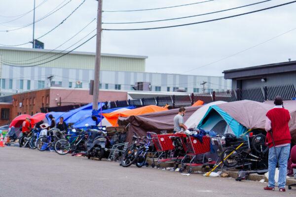 Tents line along Southampton Street in Boston’s South End. (Learner Liu/The Epoch Times)