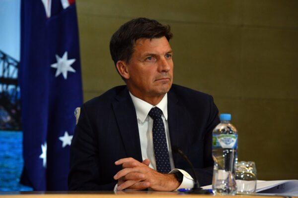 Minister for Energy Angus Taylor looks on for the opening remarks of the Leaders Summit on Climate hosted by United States President Joe Biden in Sydney, Australia, on April 22, 2021. (AAP Image/Mick Tsikas)
