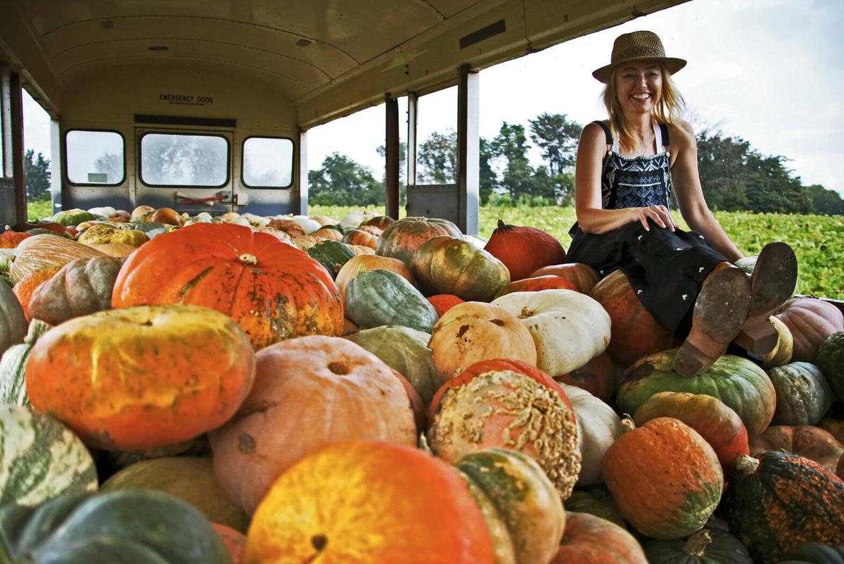 Sarah Frey sits on a bed of Frey Farms heirloom pumpkins. (Angela Talley)