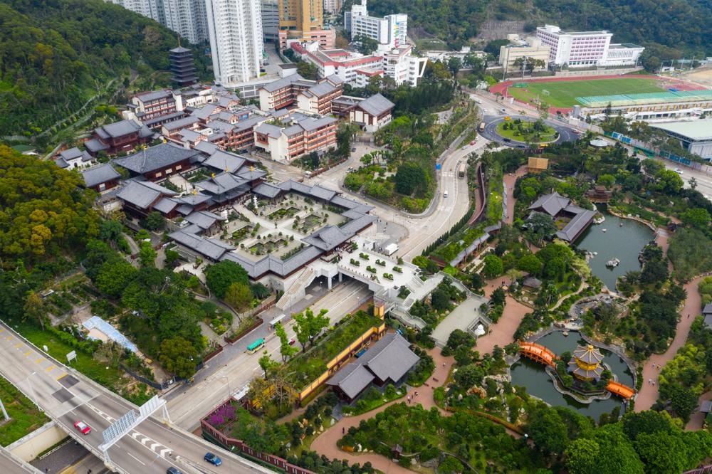 This aerial photo shows the relationship of the Nunnery, the main temple complex, and the Nian lin Garden. (leungchopan/Shutterstock)