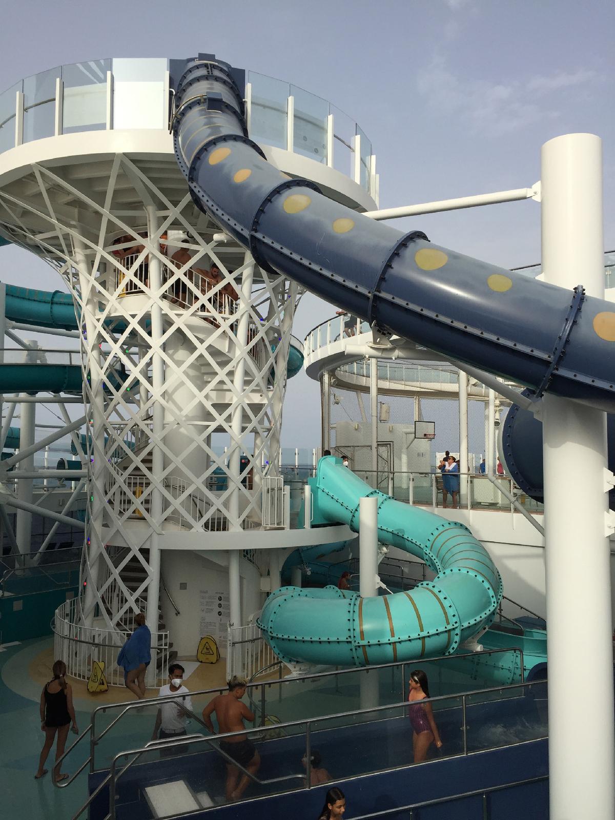 Multiple water slides festoon the top deck of the Costa Smeralda cruise ship. (Courtesy of Barbara Selwitz)