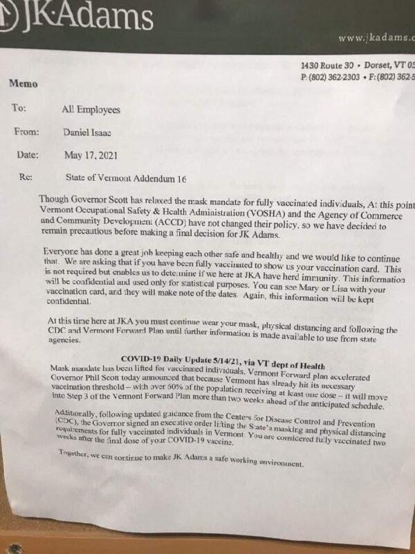 A May 17, 2021 email from CEO Daniel Isaac of JK Adams in Dorset, Vt., requesting all "fully vaccinated" employees to voluntarily show their vaccination card. (Courtesy of Karen Skau)