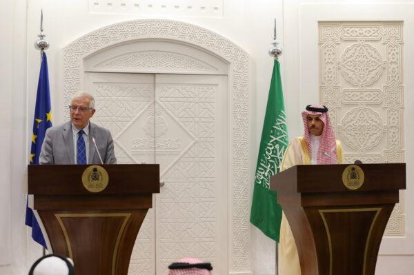 EU foreign policy chief Josep Borrell and Saudi Arabia's Foreign Minister Faisal bin Farhan Al-Saud hold a joint news conference in Riyadh, Saudi Arabia, on Oct. 3, 2021. (Ahmed Yosri/Reuters)