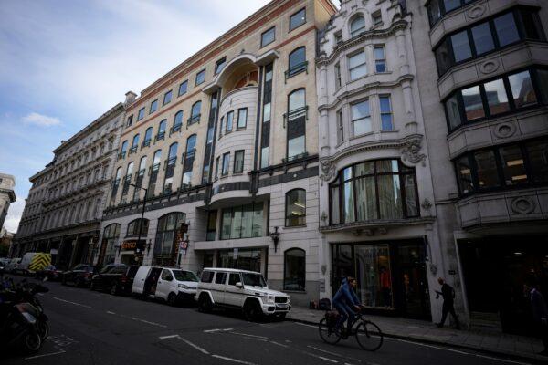 An exterior view of 56–60 Conduit Street, the property linked to Azerbaijani President Ilham Aliyev in a new report dubbed the Pandora Papers, in the Mayfair district of London, on Oct. 4, 2021. (Matt Dunham/AP Photo)