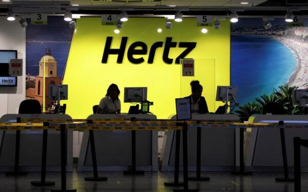 The desk of car rental company Hertz is seen at Nice International airport in Nice, France on May 27, 2020. (Eric Gaillard/Reuters)