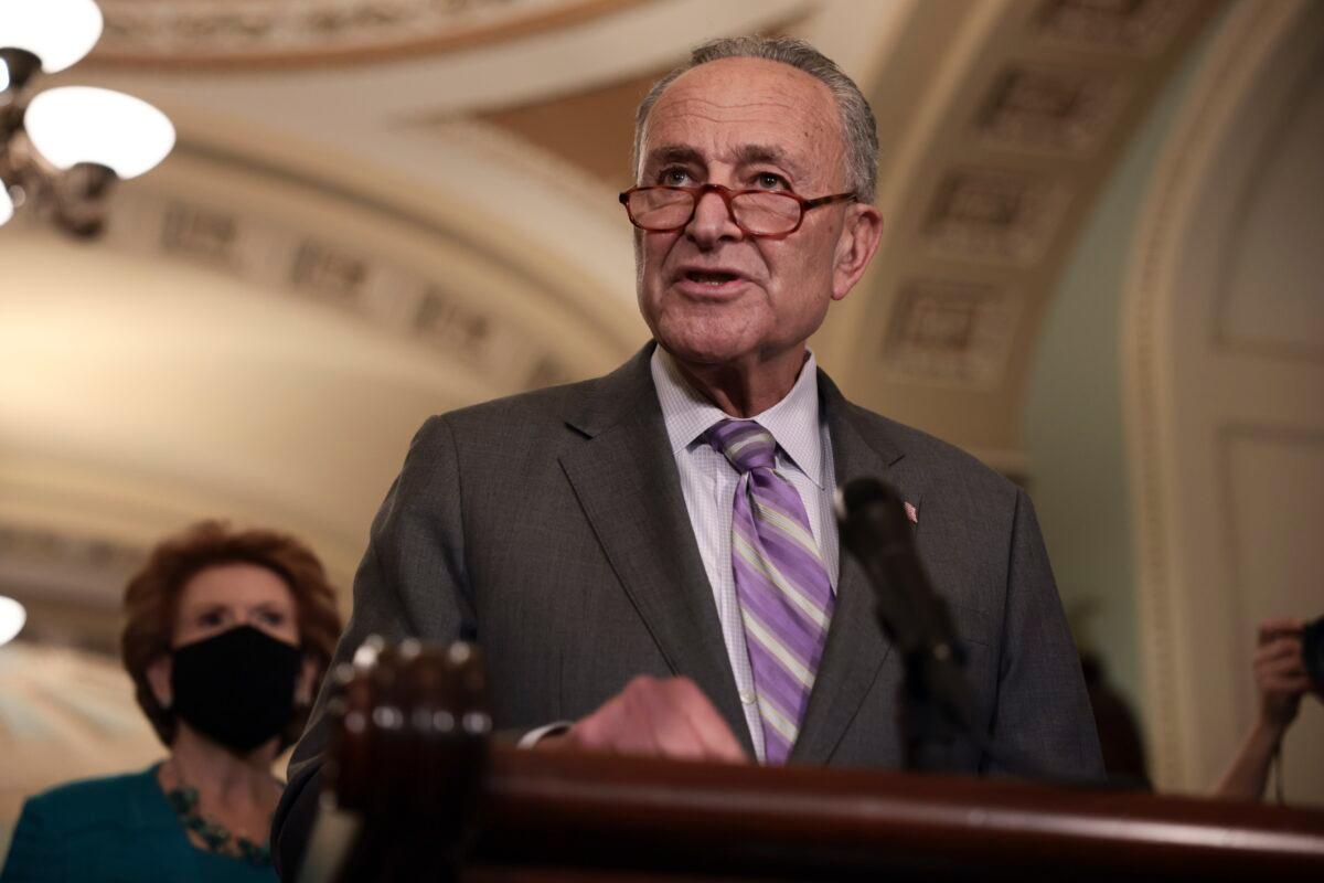Senate Majority Leader Chuck Schumer (D-N.Y.) holds a press conference at the U.S. Capitol in Washington on Oct. 5, 2021. (Anna Moneymaker/Getty Images)