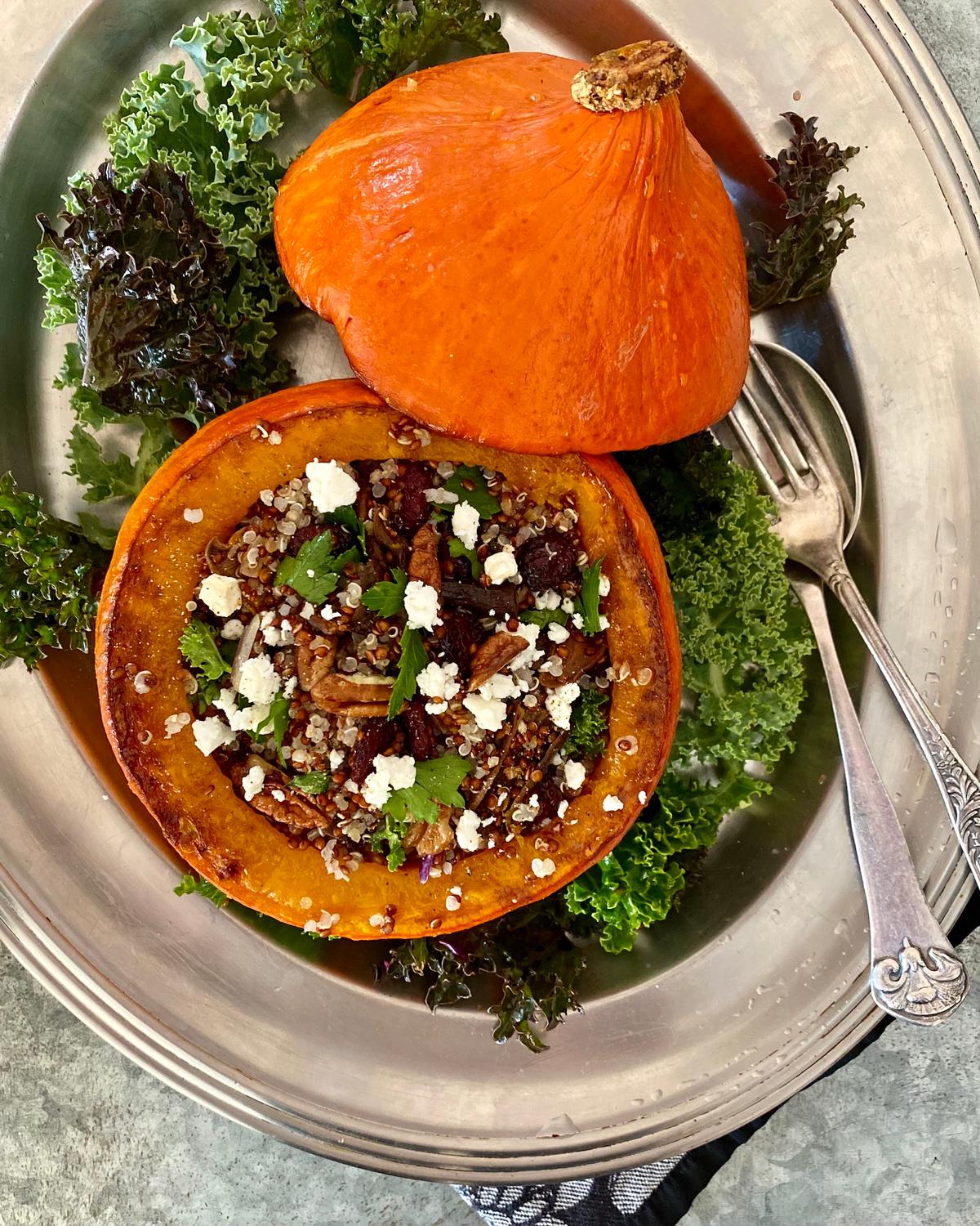 A stuffing of protein-rich quinoa, cranberries, nuts, and goat cheese turn half a squash into a whole meal. (Lynda Balslev for Tastefood)