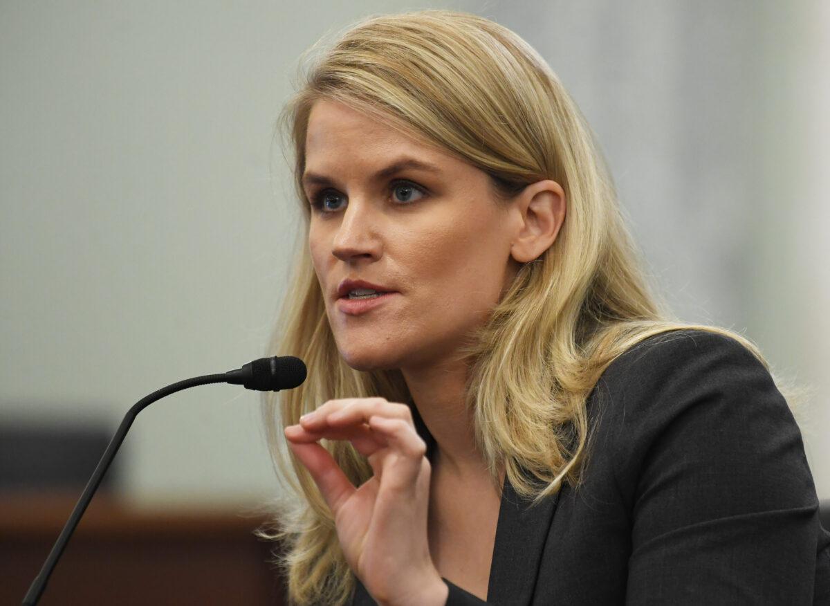 Former Facebook employee and whistleblower Frances Haugen testifies during a Senate Committee on Commerce, Science, and Transportation hearing titled, "Protecting Kids Online: Testimony from a Facebook Whistleblower," on Capitol Hill in Washington on Oct. 5, 2021. (Matt McClain/Pool via Getty Images)