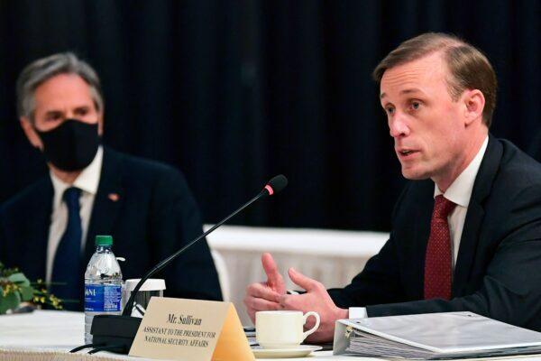U.S. National Security Advisor Jake Sullivan (right) speaks as U.S. Secretary of State Antony Blinken looks on at the opening session of U.S.-China talks at the Captain Cook Hotel in Anchorage, Alaska on March 18, 2021. (Frederic J. Brown/POOL/AFP via Getty Images)