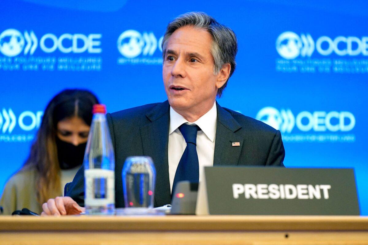 US Secretary of State Antony Blinken speaks during a closing session at the Organisation for Economic Cooperation and Development's Ministerial Council Meeting in Paris on Oct. 6, 2021. (Patrick Semansky/POOL/AFP via Getty Images)