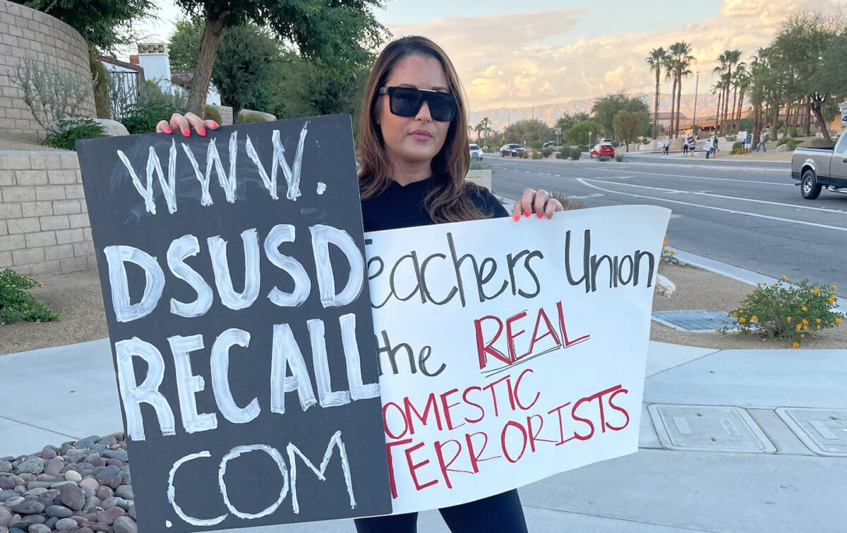 Celeste Fiehler protests outside the Desert Sands Unified School District board meeting in La Quinta, Calif., on Oct. 5, 2021. (Courtesy Celeste Fiehler)