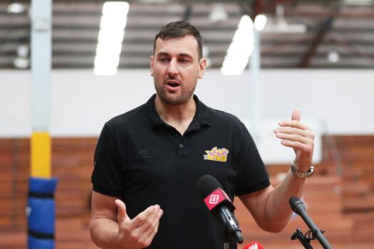 Andrew Bogut speaks to the media during a Sydney Kings NBL press conference at Auburn Basketball Centre in Sydney, Australia, on Mar. 20, 2020. (Matt King/Getty Images)