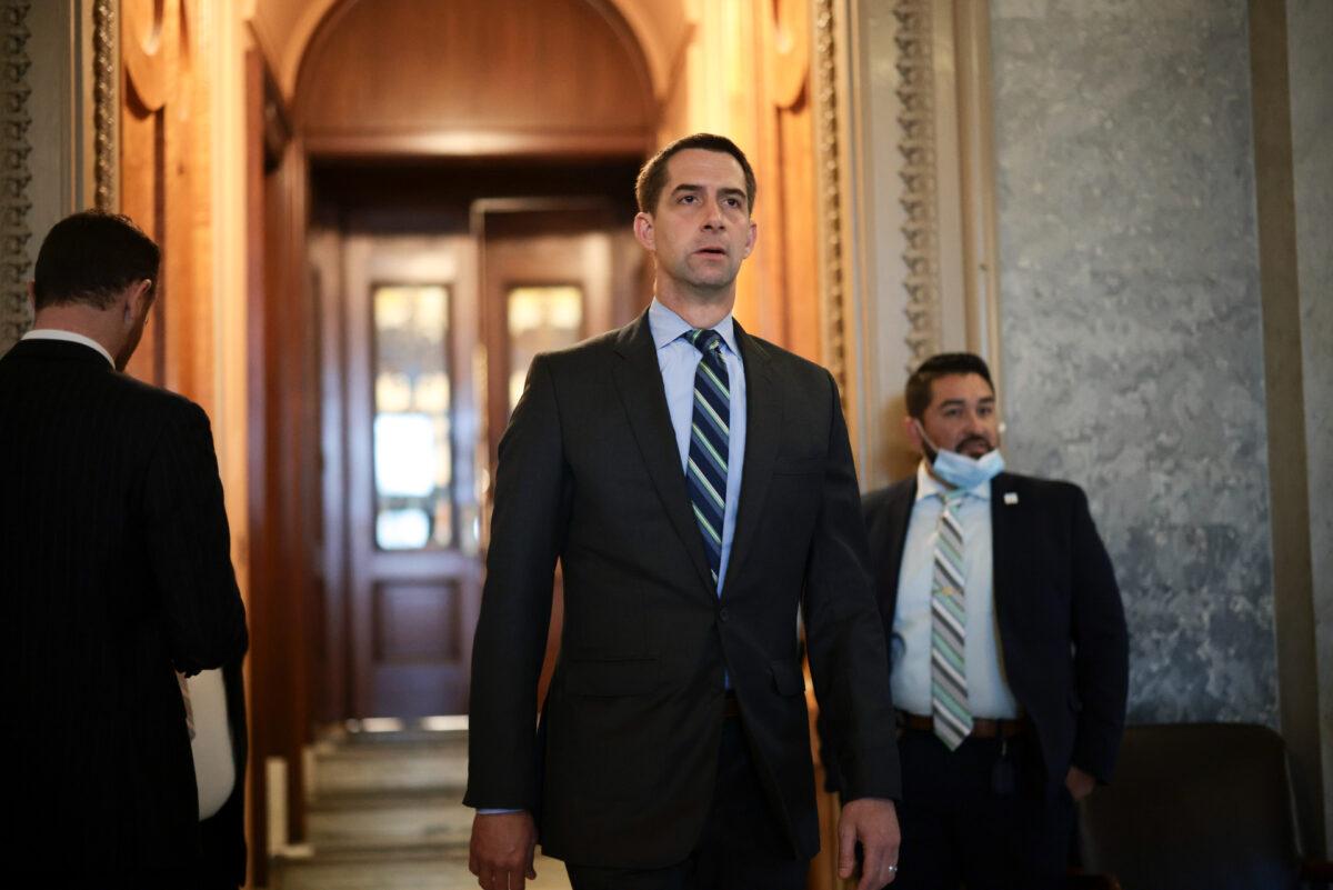 Sen. Tom Cotton (R-Ark.) departs from the Senate Chambers during a series of votes in the U.S. Capitol Building in Washington, on Oct. 06, 2021. (Anna Moneymaker/Getty Images)