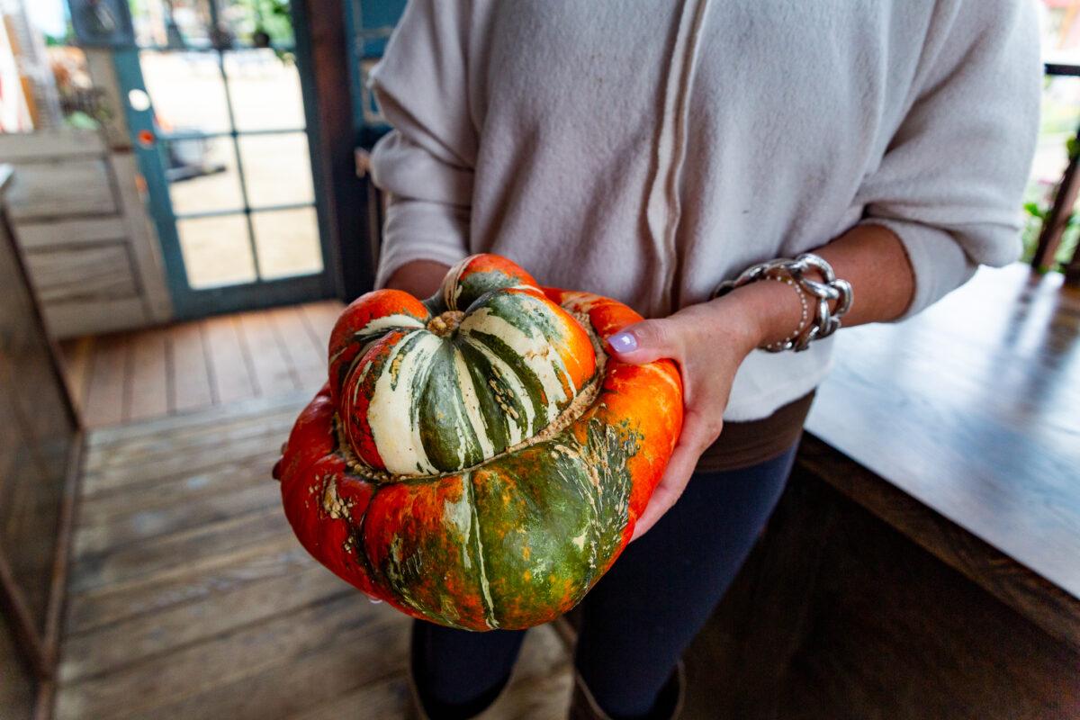 Anne Manassero holds a pumpkin at Manassero Farms in Irvine, Calif., on Oct. 7, 2021. (John Fredricks/The Epoch Times)