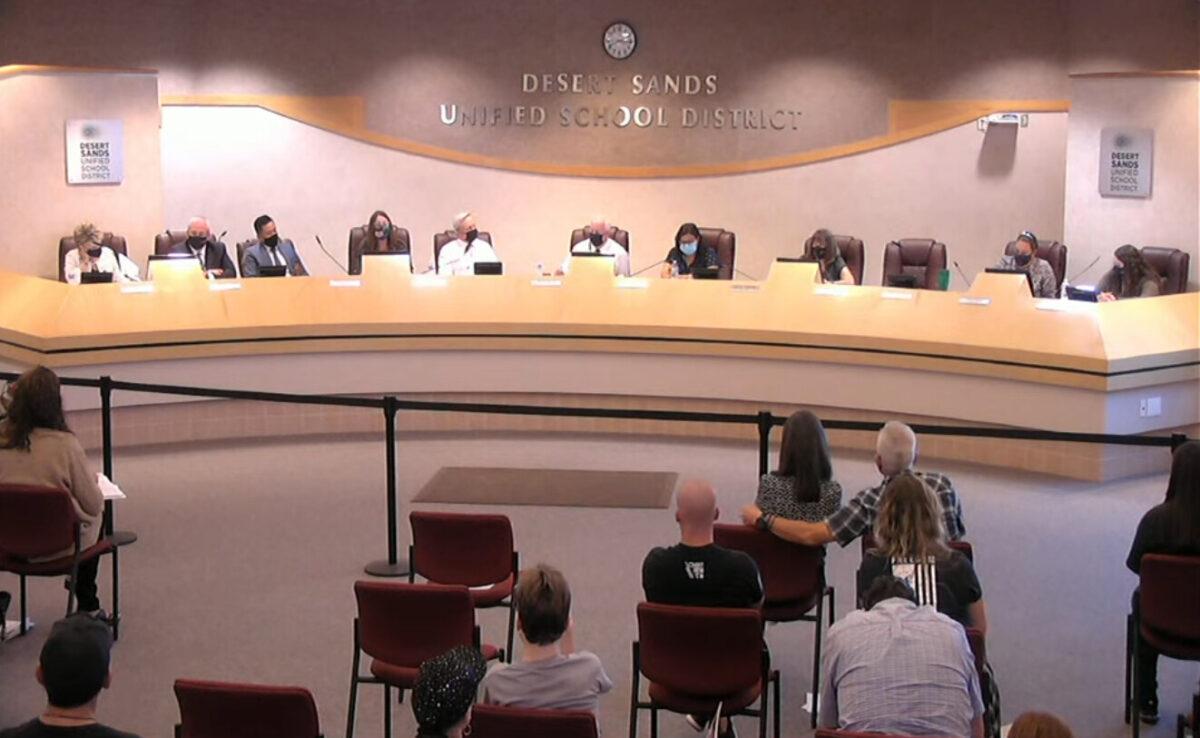 A Desert Sands Unified School District school board meeting on Oct. 5, 2021. (Screenshot via DUHSD)