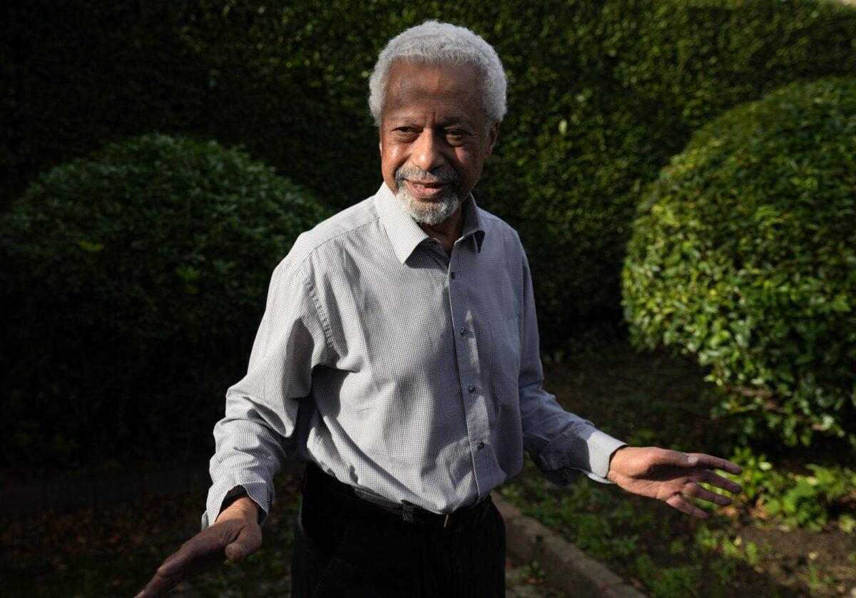 Tanzanian writer Abdulrazak Gurnah gestures as he poses for a photo at his home in Canterbury, England, on Oct. 7, 2021. (Frank Augstein/AP Photo)