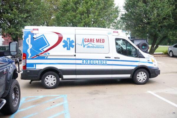 A Care Med ambulance waits in the parking lot in Chattanooga, Tenn., on Oct, 4, 2021. (Jackson Elliott/The Epoch Times)
