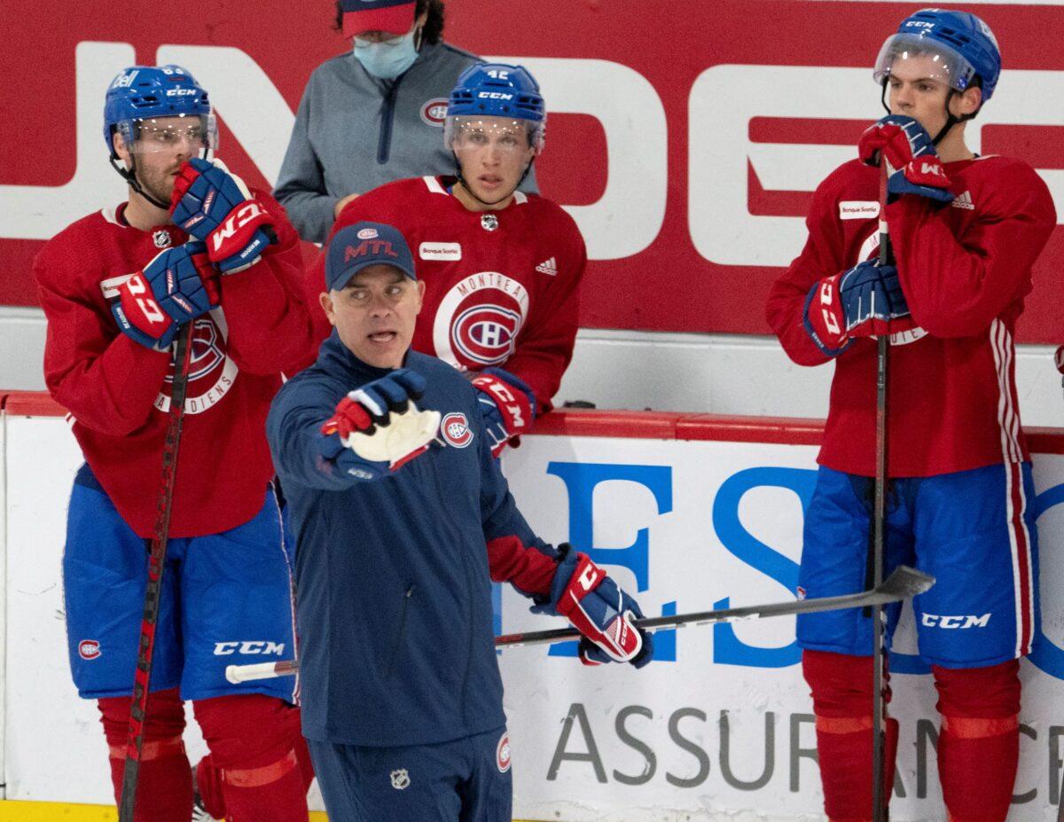 Montreal Canadiens head coach Domenic Ducharme on ice training camp for the NHL hockey team in Brossard, Quebec., on Sept. 23, 2021, (Ryan Remiorz/The Canadian Press/AP Photo)