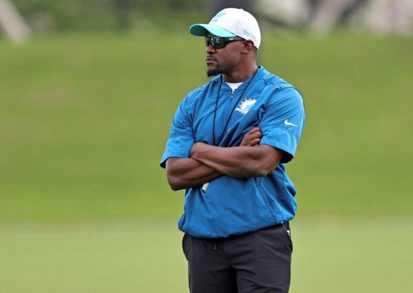 Miami Dolphins head coach Brian Flores looks on during practice at Baptist Health Training Complex in Hard Rock Stadium in Miami Gardens, Fla., on Oct. 7, 2021, in preparation for their game against the Tampa Bay Buccaneers at Raymond James Stadium, on Oct. 10, 2021. (David Santiago/Miami Herald via AP)
