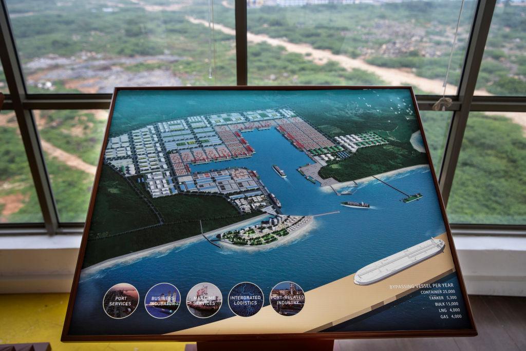 A graphic showing the potential of what a finished Hambantota port will look like is seen at a viewing deck on Nov. 15, 2018, in Hambantota, Sri Lanka. (Paula Bronstein/Getty Images)