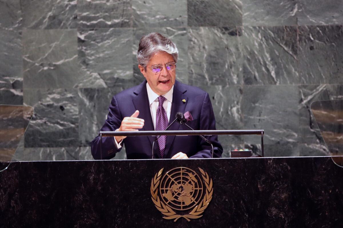 The President of Ecuador, Guillermo Lasso, speaks during the annual gathering for the 76th session of the United Nations General Assembly (UNGA) in New York City on Sept. 21, 2021. (Spencer Platt/Getty Images)