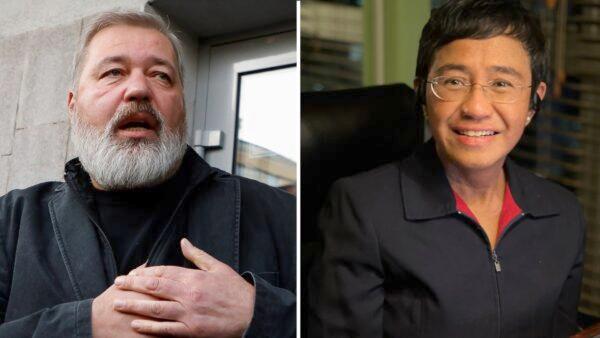 (L - R) Russian investigative newspaper Novaya Gazeta's editor-in-chief Dmitry Muratov in Moscow, Russia, on Oct. 8, 2021. (Maxim Shemetov/Reuters); Filipino journalist Maria Ressa sits by the desk at her home in Manila, Philippines, on Oct. 8, 2021. (Rappler/Handout via Reuters)