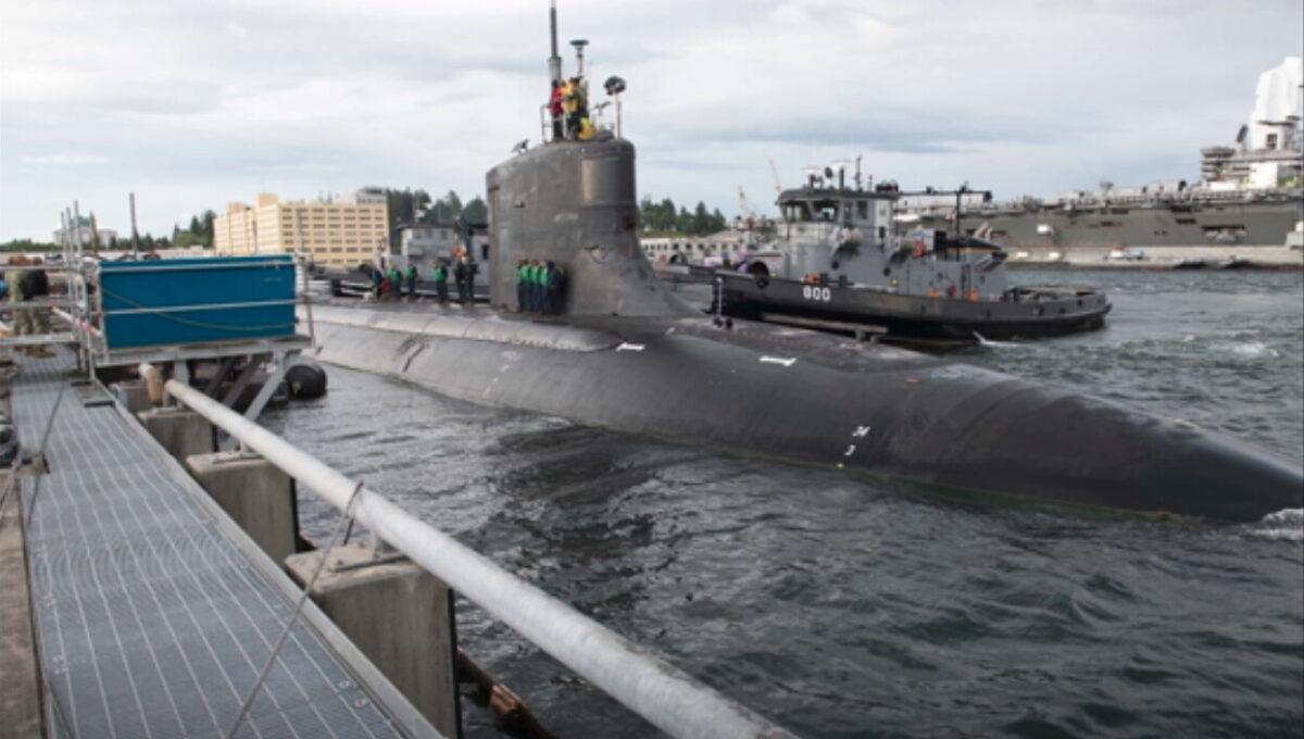 Submarine USS Connecticut docked at U.S. Naval Base Kitsap-Bremerton in Bremerton, Wash., on May 27, 2021. (Department of Defense via AP)