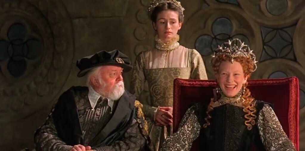 The queen's counsel Sir William Cecil (Richard Attenborough) and Elizabeth I, Queen of England (Cate Blanchett, R), in “Elizabeth.” (PolyGram Filmed Entertainment)