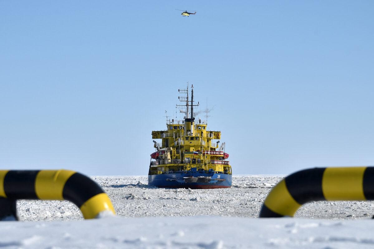 The icebreaker Tor at the port of Sabetta in the Kara Sea shoreline on the Yamal Peninsula in the Arctic circle, some 2,450 km of Moscow, on April 16, 2015. The Yamal LNG (liquefied natural gas) project aiming to extract and liquefy gas from the Yuzhno-Tambeyskoye gas field is scheduled to start production in 2017. Russia's Novatek holds a 60 percent stake in the venture. France's Total and China's CNPC hold 20 percent each. (Kirill Kudryavtsev/AFP via Getty Images)