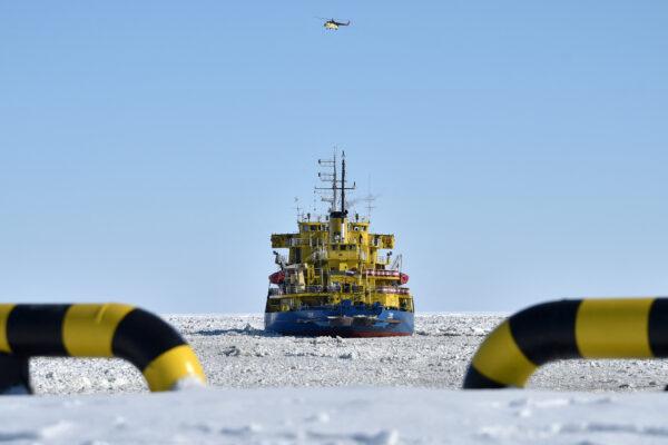 The icebreaker Tor at the port of Sabetta in the Kara Sea shoreline on the Yamal Peninsula in the Arctic circle, some 1,522 miles of Moscow, on April 16, 2015. The Yamal LNG (liquefied natural gas) project aiming to extract and liquefy gas from the Yuzhno-Tambeyskoye gas field is scheduled to start production in 2017. Russia's Novatek holds a 60 percent stake in the venture. France's Total and China's CNPC hold 20 percent each. (Kirill Kudryavtsev/AFP via Getty Images)