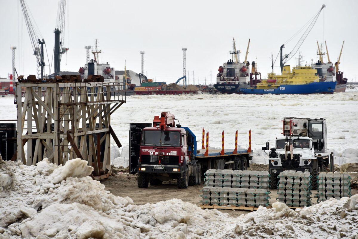 The construction site at the port of Sabetta in the Arctic circle on May 5, 2016. Yamal LNG is a liquefied natural gas plant with a planned capacity of 16.5 million tonnes per year and is valued at $27 billion. It is located on the Yamal peninsula, an Arctic region of Siberia that is a key Russian oil and gas producing region. n. (Kirill Kudryavttsev/AFP via Getty Images)