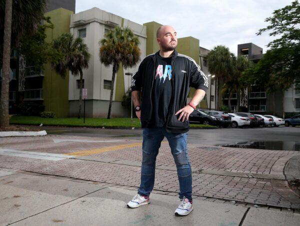Carlos Lomena outside the Axis at One Pine apartments, where he was evicted in Plantation, Fla., on June 28, 2021. (Charles Trainor Jr./Miami Herald/TNS)