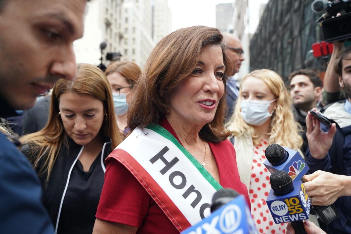 Gov. Kathy Hochul talking to reporters during the Columbus Day parade, Manhattan, N.Y., on Oct. 11, 2021. (Enrico Trigoso/The Epoch Times)