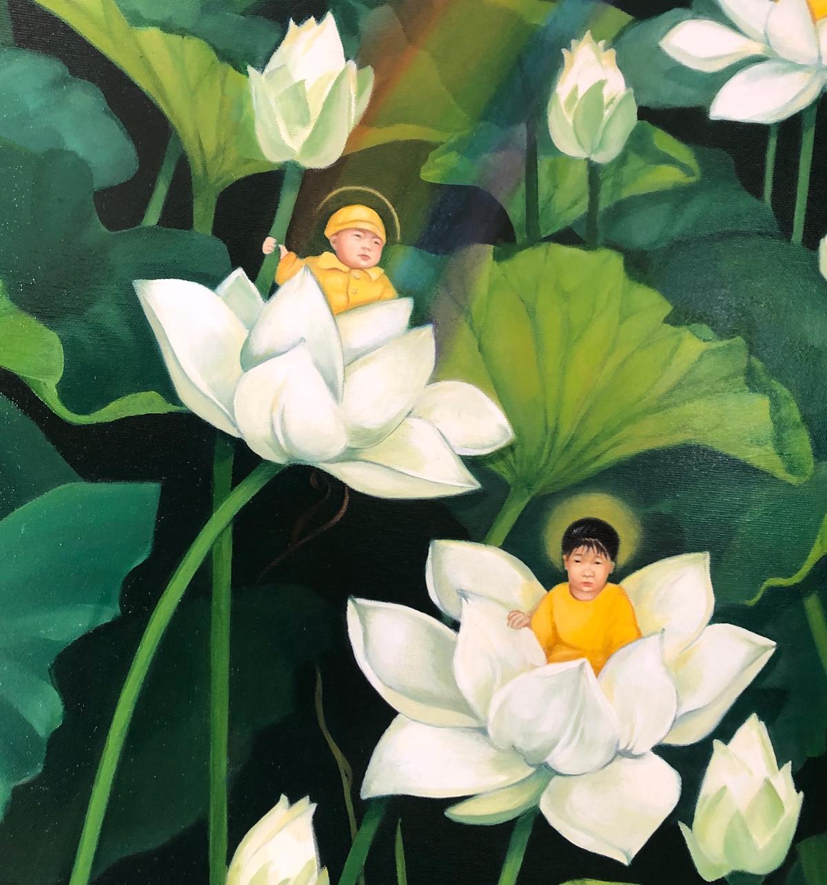 A detail of "The Sea of Suffering" oil painting: (L) An 8-month-old baby boy, Meng Hao, who was persecuted to death along with his mother; (R) A girl, Huang Ying, who lost her mother to the persecution. (Courtesy of Barbara Schafer)