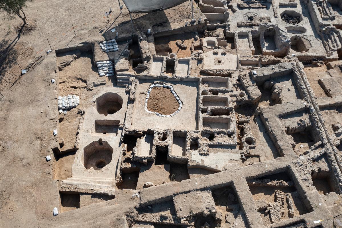 An aerial picture shows a massive ancient winemaking complex dating back some 1,500 years in Yavne, south of Tel Aviv, Israel, on Oct. 11, 2021. (Tsafrir Abayov/AP Photo)