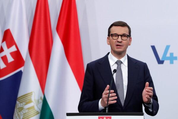 Poland's Prime Minister Mateusz Morawiecki speaks during a news conference in Budapest, Hungary, on Oct. 12, 2021. (Bernadett Szabo/Reuters)