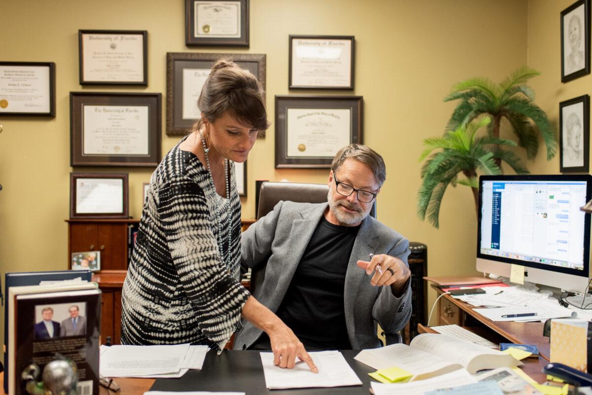 Florida attorney Jeff Childers (R) in his Gainesville office on Oct. 12, 2021. (Amber Dorn for The Epoch Times)