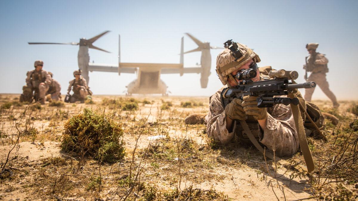 A Marine posts security during an exercise on Karan Island, Saudi Arabia, on April 23, 2020. (U.S. Marine Corps photo by Sgt. Kyle C. Talbot)