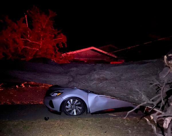 One of several vehicles damaged during a wind event in El Granada village in the coastal area of northern San Mateo County, Calif., on Oct. 11, 2021. (CalFire via AP)