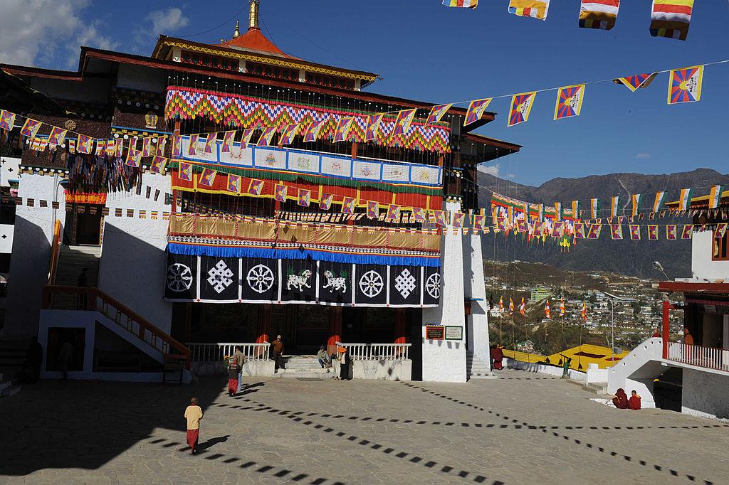 Flags decorate the Indian Buddhist Tawang Monastery in the northwestern corner of Arunachal Pradesh state in India on Nov. 6, 2009, during preparations for the Dalai Lama's visit. (Diptendu Dutta/AFP via Getty Images)