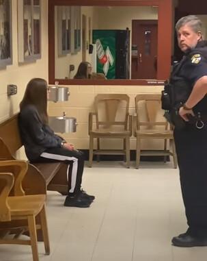 Grace being booked at the detention center in Laramie Wyoming after her Oct. 5 arrest at Laramie High School for not wearing a mask. (YouTube video/Screenshot via The Epoch Times)