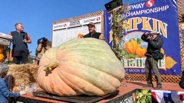 Leonardo Urena stands behind his 2,007-pound pumpkin, which won second place at the 48th Safeway World Championship Pumpkin Weigh-Off in Half Moon Bay, Calif., on Oct. 11, 2021. (Ilene Eng/The Epoch Times)