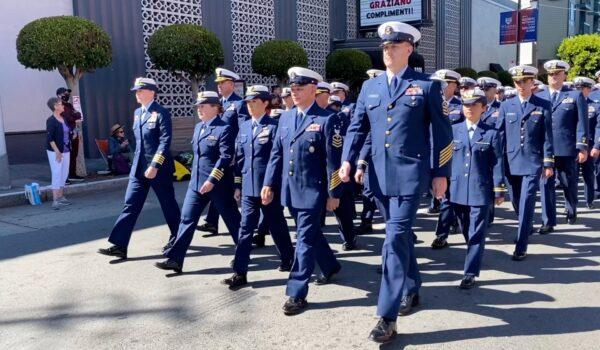 Members of the U.S. Coast Guard march in the Italian Heritage Parade in San Francisco, Calif., on Oct. 10, 2021. (Ilene Eng/The Epoch Times)