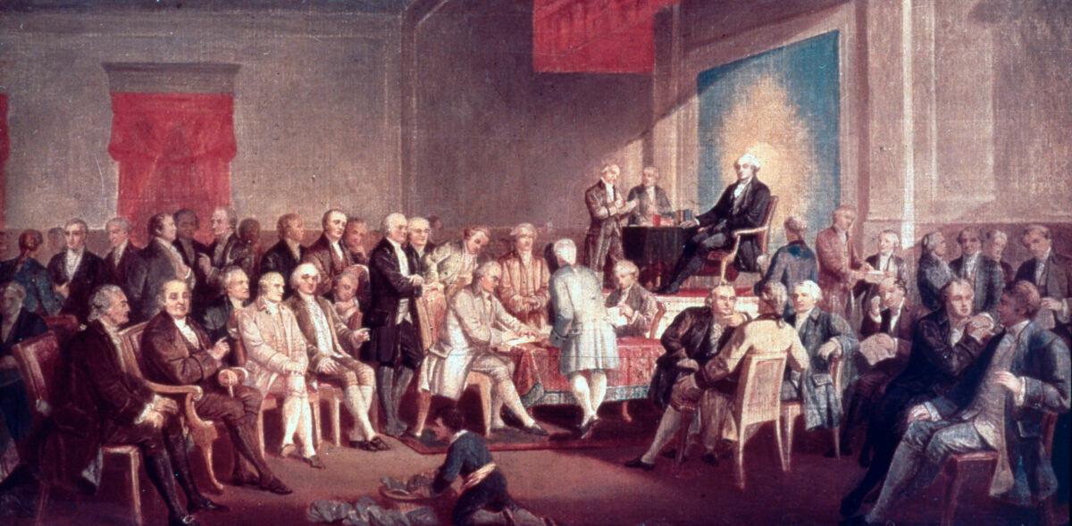 1787: The painting "Signing the Constitution of the United States" by Thomas Pritchard Rossiter. Painted in 1878, it resides at Independence National Historical Park, in Philadelphia, Penn. (MPI/Getty Images)