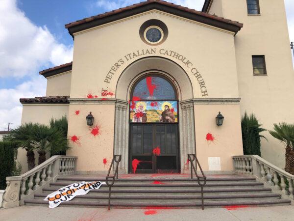 St. Peter's Italian Church on the edge of Chinatown in Los Angeles was vandalized, on Oct. 11, 2021. (Hayley Smith/Los Angeles Times/TNS)