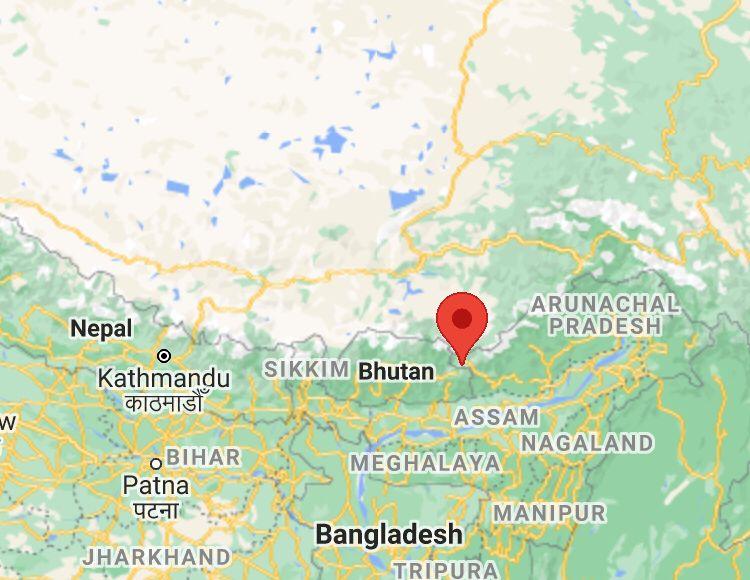The red pointer shows Tawang on the border between India (Arunachal Pradesh), Bhutan, and China. (Google maps)
