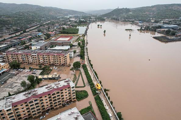 This aerial photo taken on October 10, 2021, shows a flooded area after heavy rainfalls in Jiexiu, in Jinzhong city, China's northern Shanxi province. (STR/AFP via Getty Images)