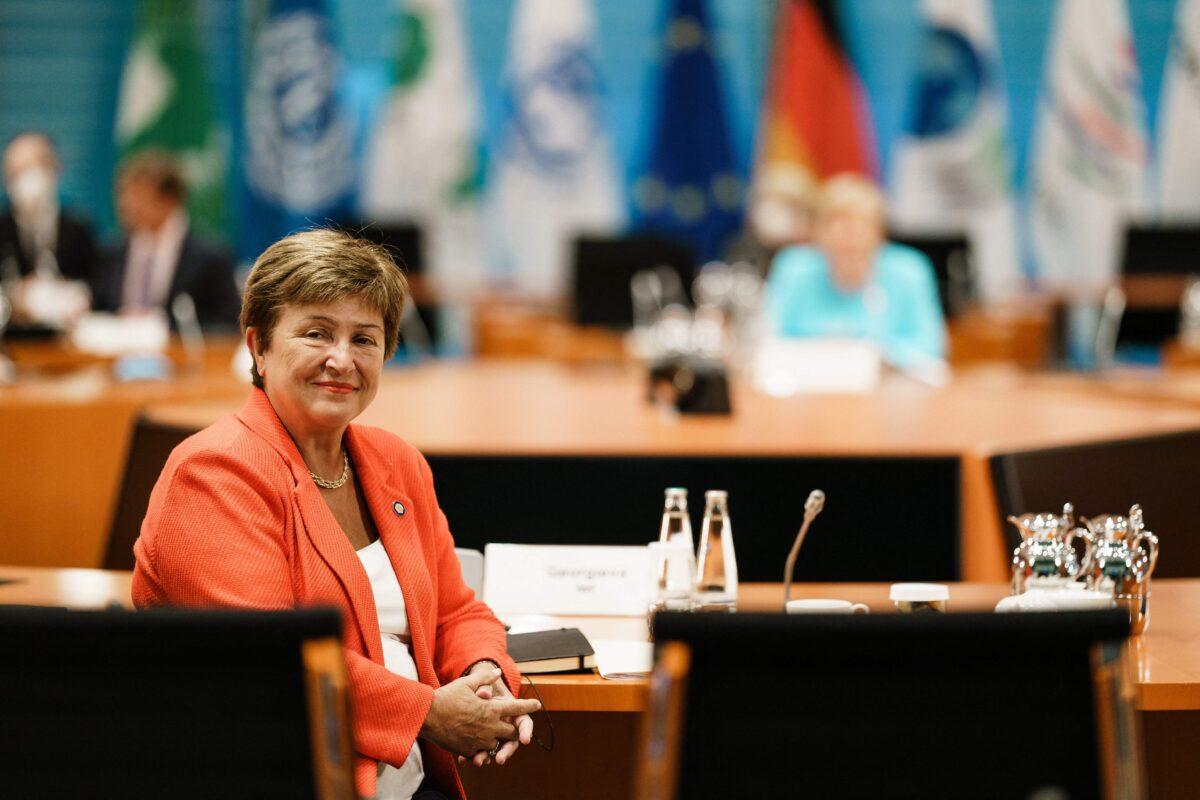 IMF Managing Director Kristalina Georgieva poses for photographers during a meeting at the German chancellery in Berlin, Germany, on Aug. 26, 2021. (Clemens Bilan/POOL/AFP via Getty Images)