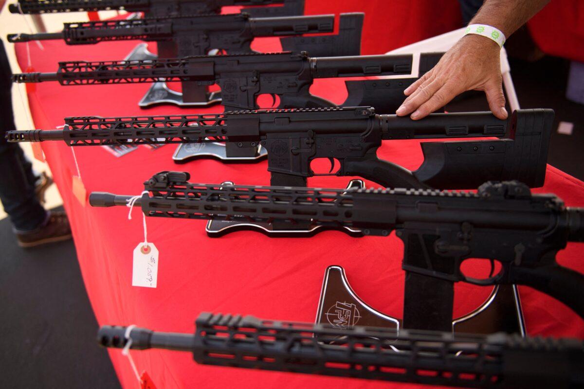 A California-legal AR-15-style rifle is displayed for sale at the Crossroads of the West Gun Show at the Orange County Fairgrounds in Costa Mesa, Calif., on June 5, 2021. (Patrick T. Fallon/AFP via Getty Images)