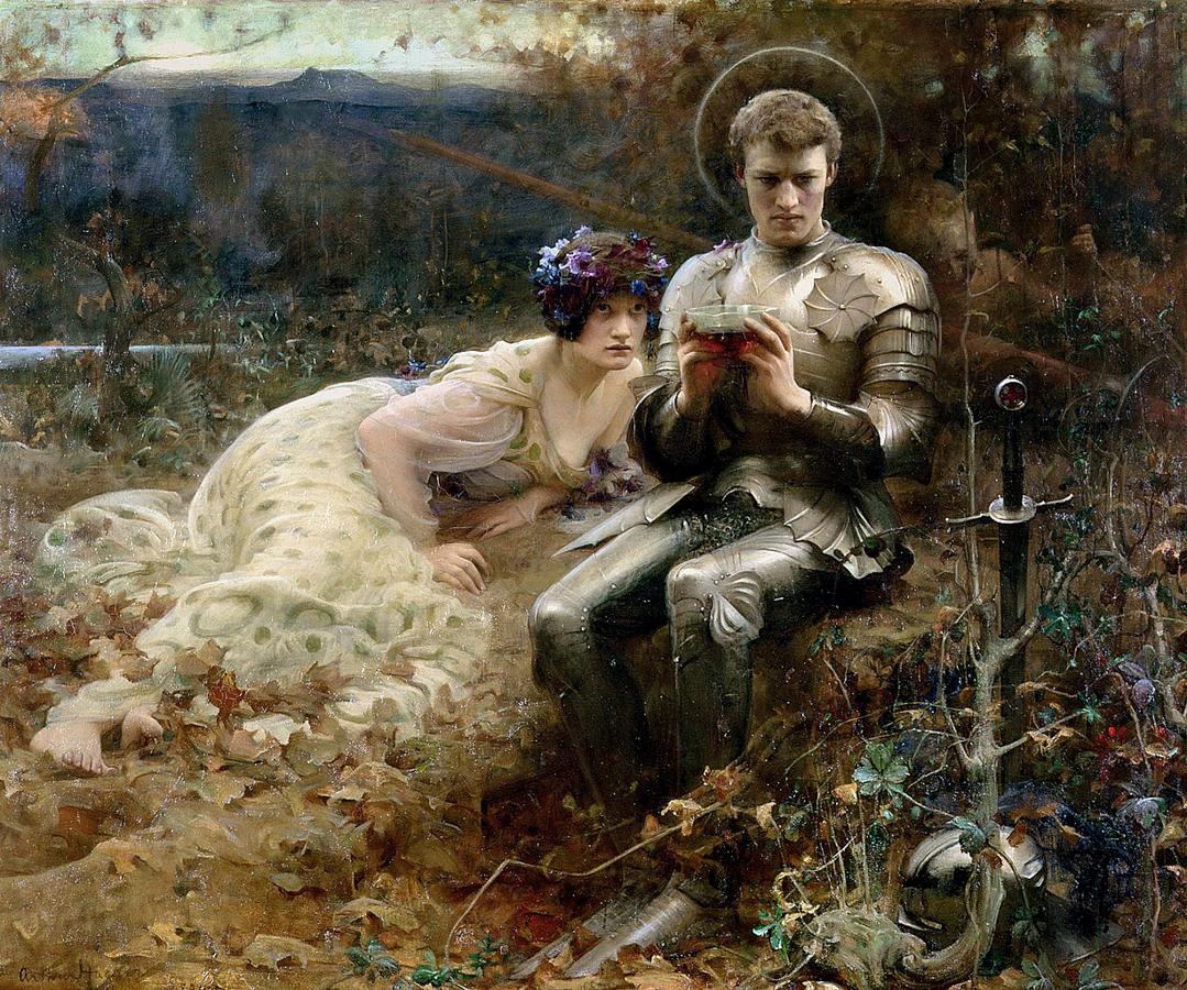 “Temptation of Sir Percival,” 1894, by Arthur Hacker. Oil on canvas, 52 inches by 62 inches. Leeds Art Gallery, England. (PD-US)